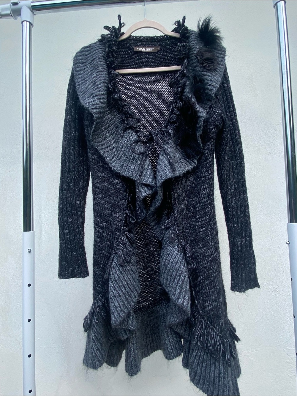 Y2K EURO Black & Grey Embellished Whimsygoth Ruffle Cardigan Size Small